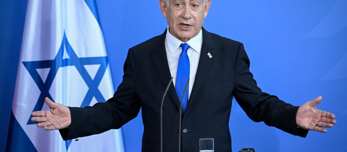 Israeli Prime Minister Benjamin Netanyahu addresses a joint press conference with the German Chancellor following talks at the Chancellery in Berlin on March 16, 2023. (Photo by Tobias SCHWARZ / AFP)