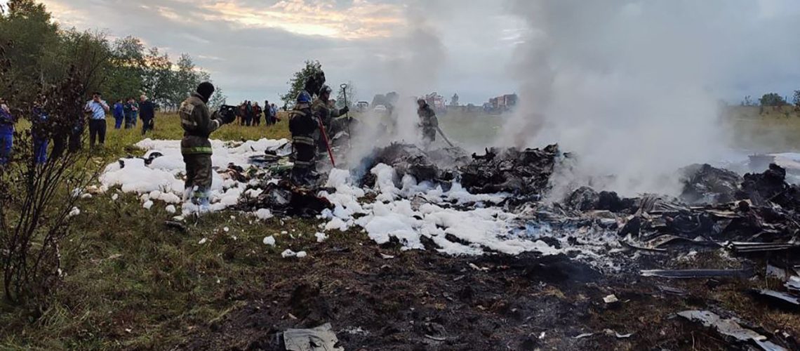 A handout photograph taken and released by Russian Investigative Committee on August 23, 2023, shows rescuers working at the site of a plane crash near the village of Kuzhenkino, Tver region. A private plane crashed in Moscow's Tver region and Wagner chief Yevgeny Prigozhin was on the list of passengers, Russian agencies said on August 23, 2023. (Photo by Handout / RUSSIAN INVESTIGATIVE COMMITEE / AFP) / RESTRICTED TO EDITORIAL USE - MANDATORY CREDIT "AFP PHOTO / RUSSIAN INVESTIGATIVE COMMITTEE" - NO MARKETING NO ADVERTISING CAMPAIGNS - DISTRIBUTED AS A SERVICE TO CLIENTS (Photo by HANDOUT/RUSSIAN INVESTIGATIVE COMMITEE/AFP via Getty Images)